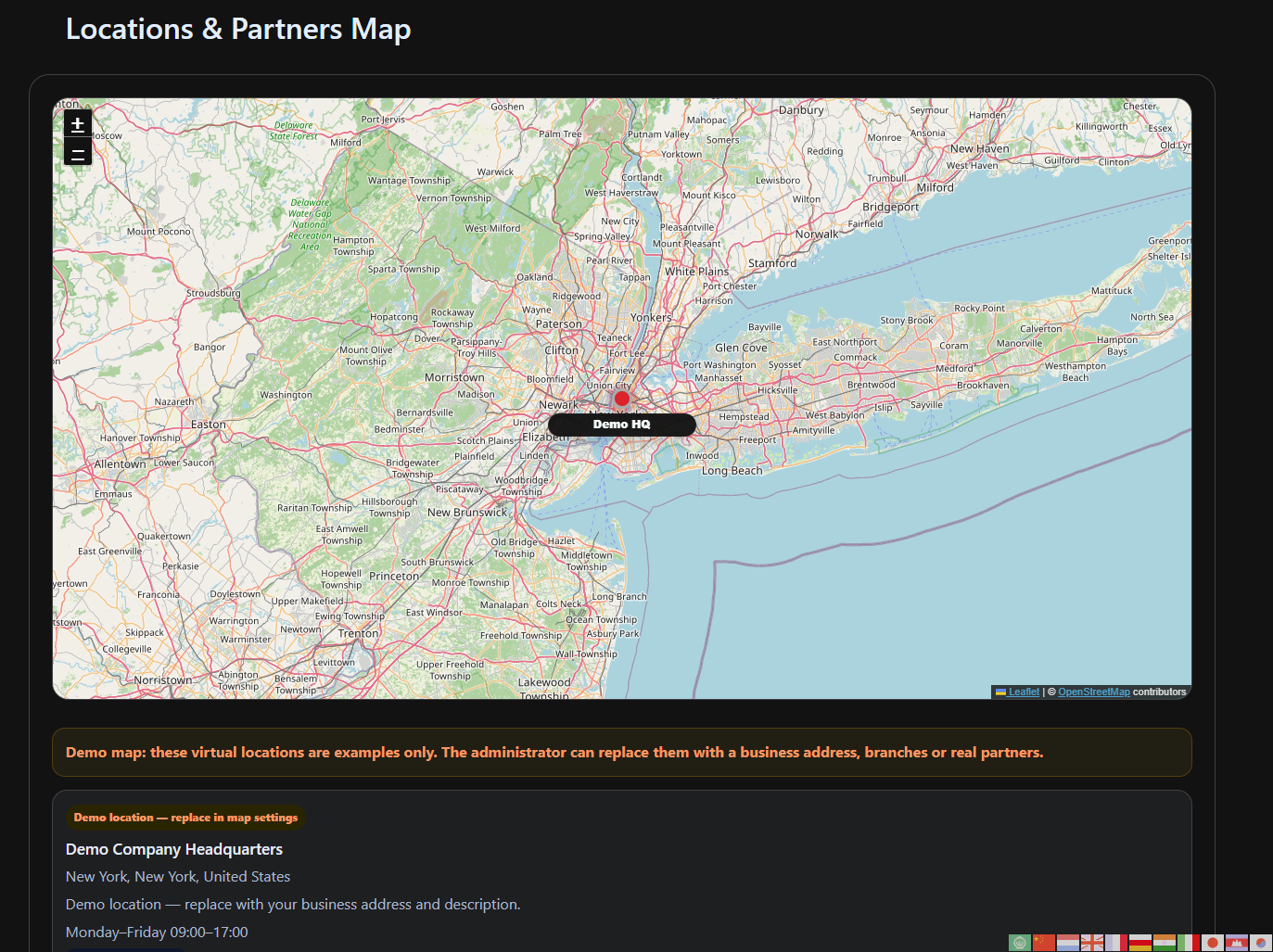 AI Webmaster Studio interactive directory and map showing business locations and partners
